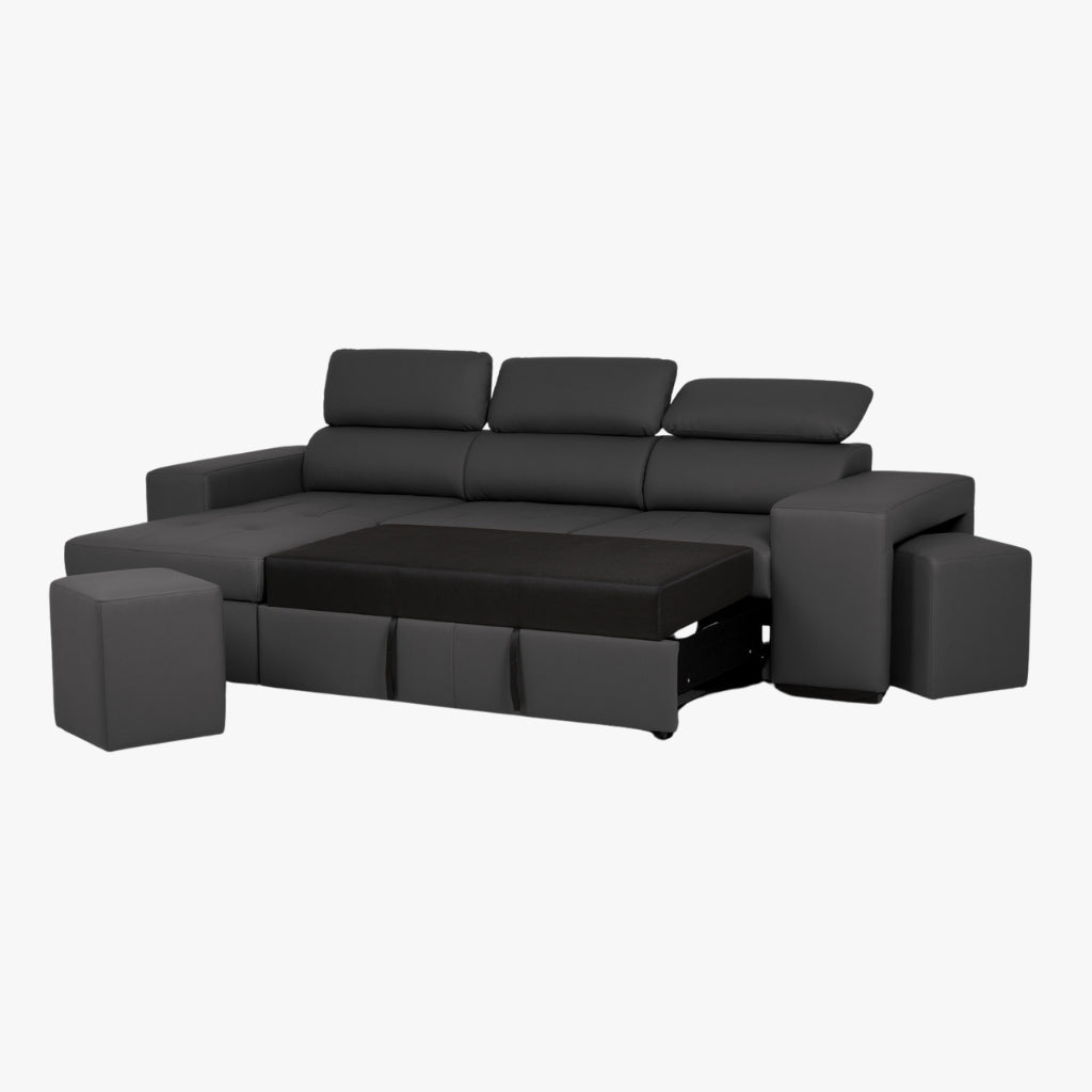 Sofá - Cama com Chaise Longue Reversível e Cabeceiras Ajustáveis Cinza Escuro JOHN - Gato Preto