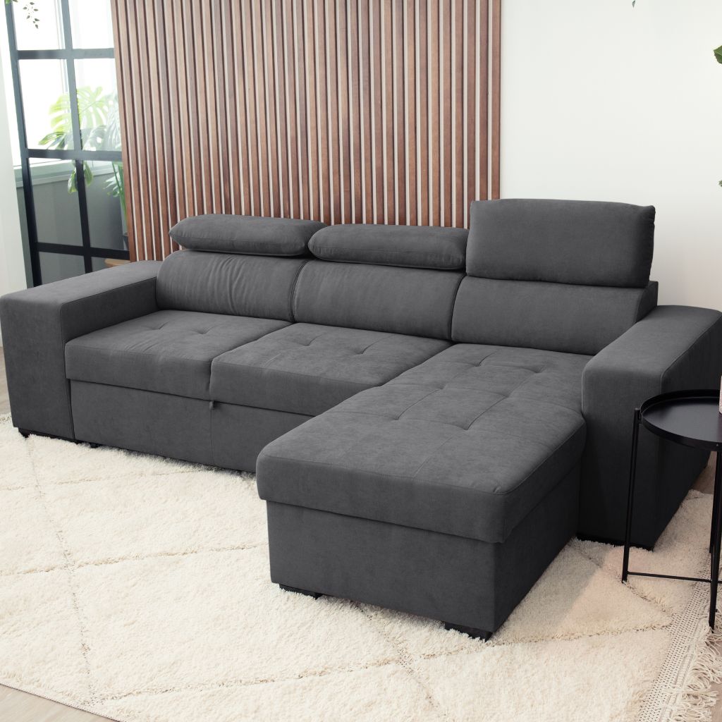 Sofá - Cama com Chaise Longue Reversível e Cabeceiras Ajustáveis Cinza Escuro JOHN - Gato Preto