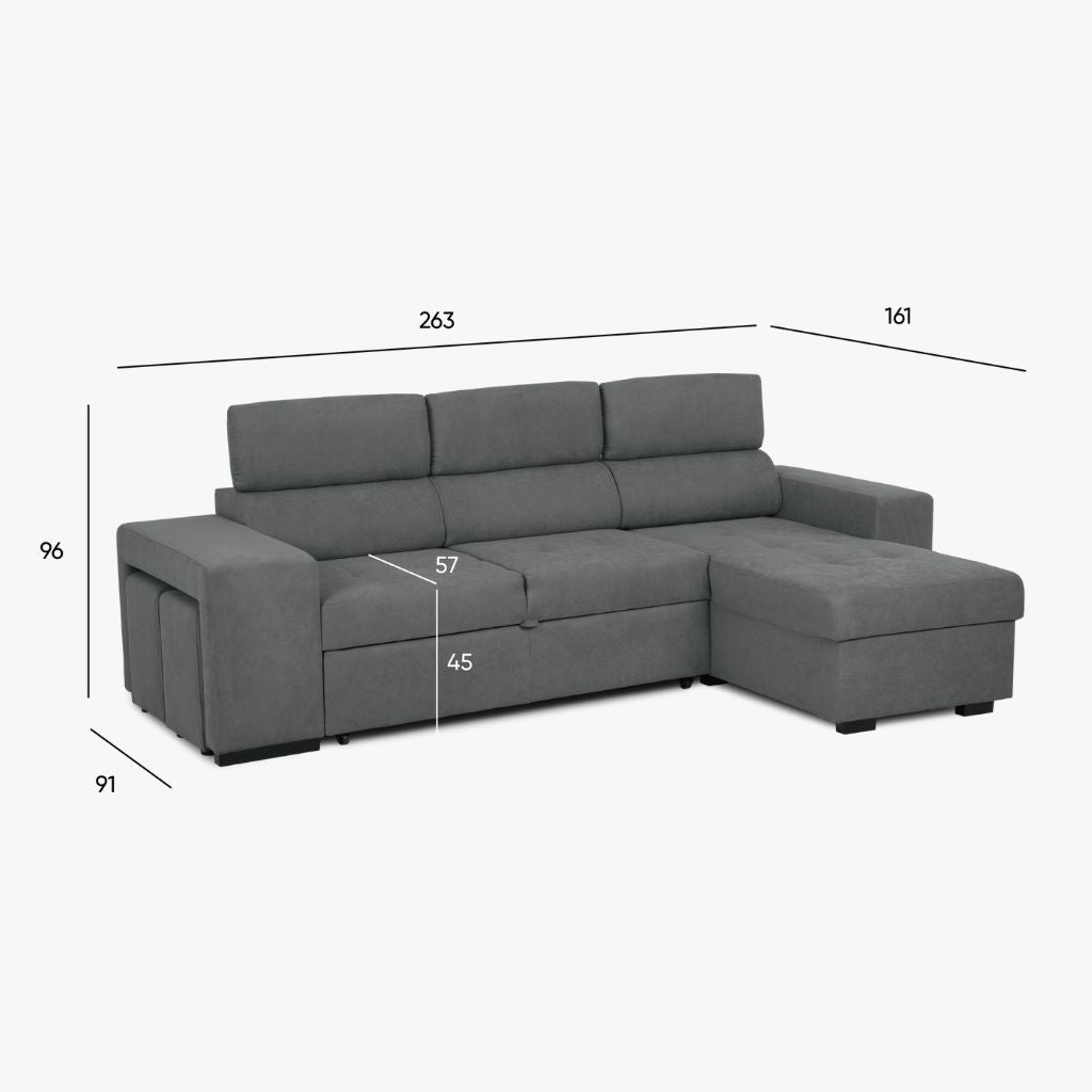 Sofá - Cama com Chaise Longue Reversível e Cabeceiras Ajustáveis Cinza Escuro JOHN - Gato Preto