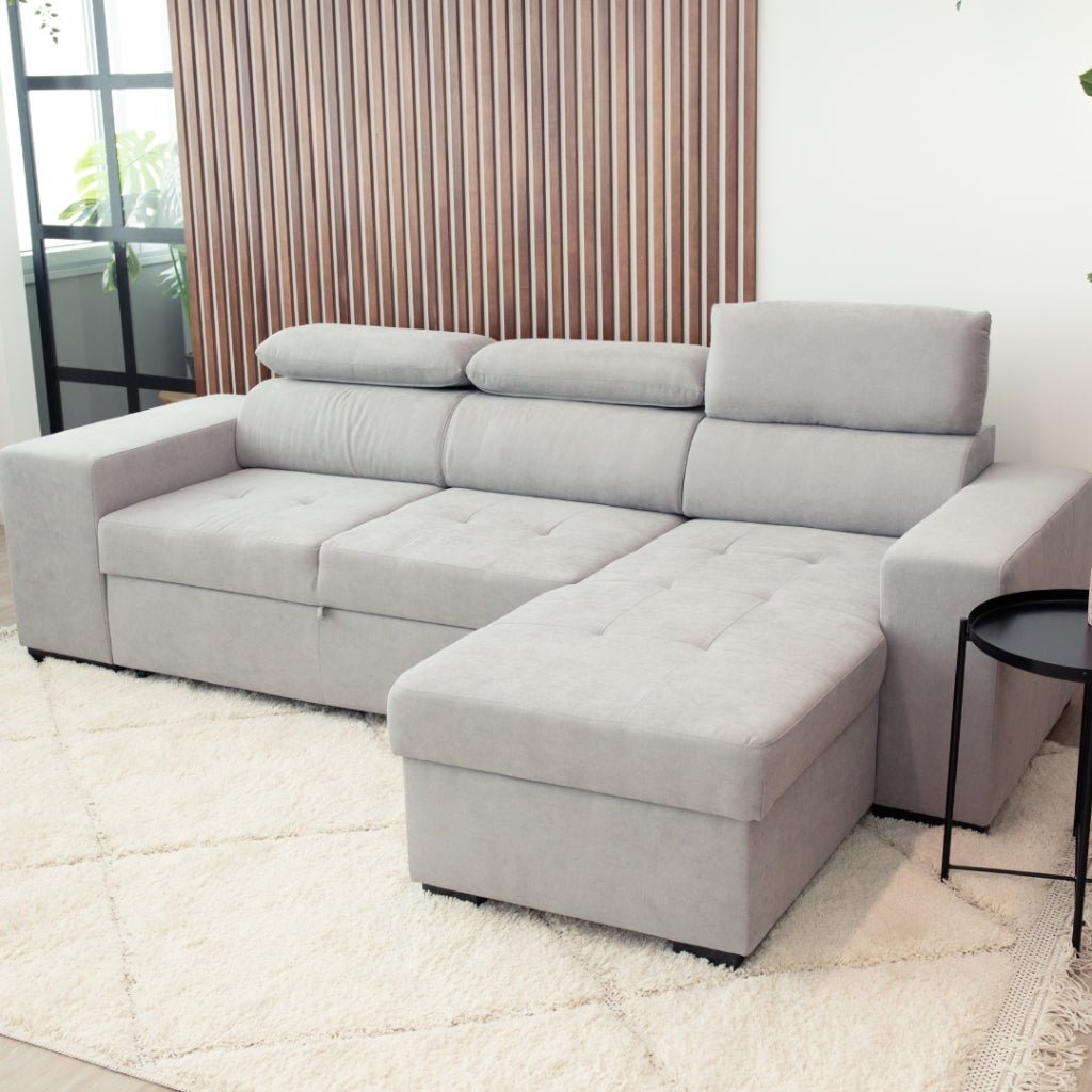 Sofá - Cama com Chaise Longue Reversível e Cabeceiras Ajustáveis Cinza Escuro JOHN - Gato Preto