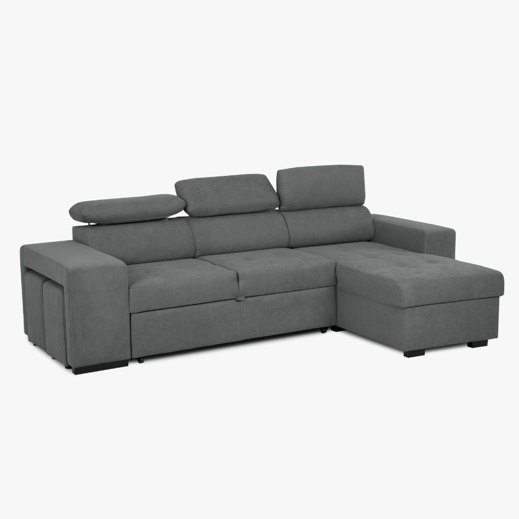 Sofá - Cama com Chaise Longue Reversível e Cabeceiras Ajustáveis Cinza Escuro JOHN - Gato Preto