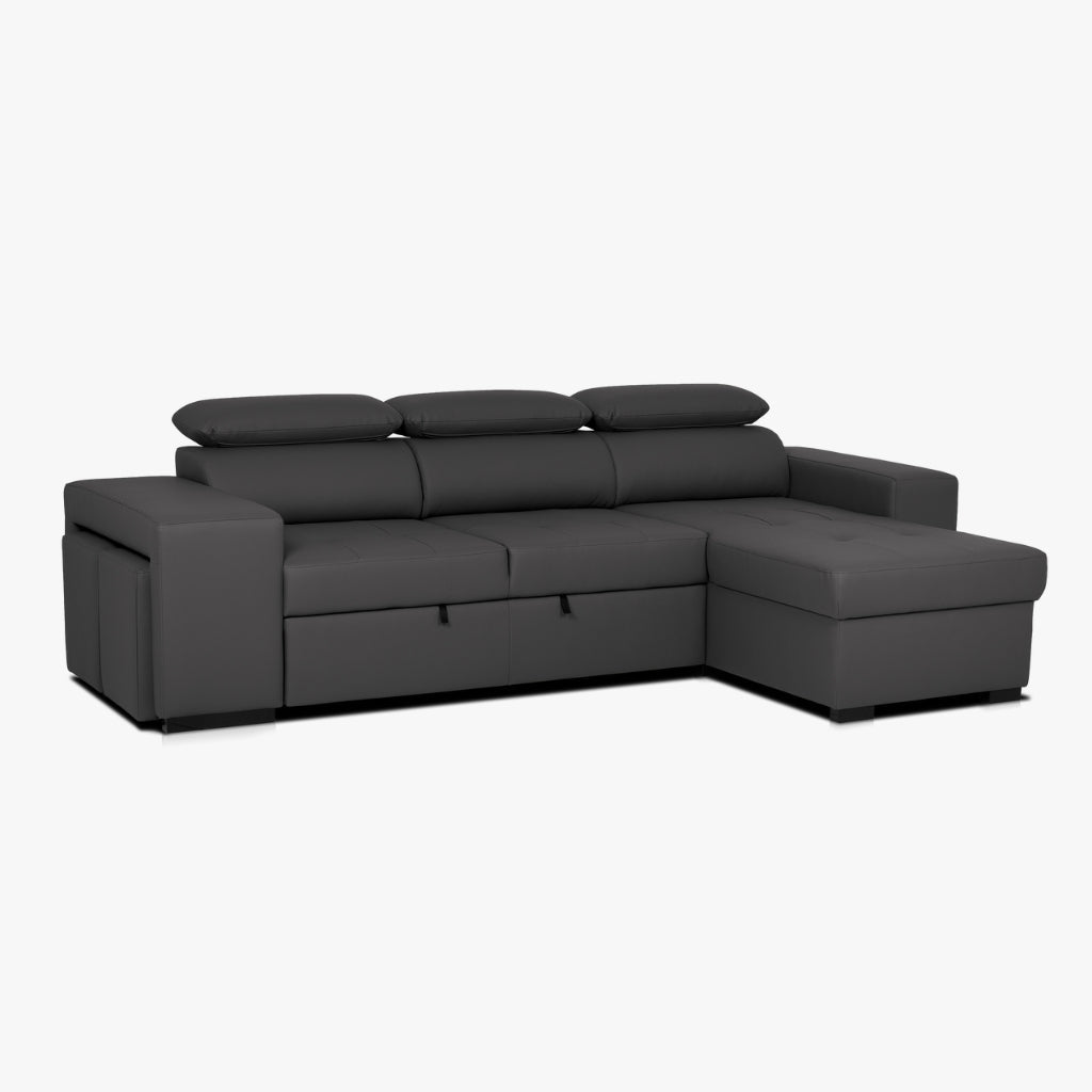 Sofá - Cama com Chaise Longue Reversível e Cabeceiras Ajustáveis Cinza Escuro JOHN - Gato Preto