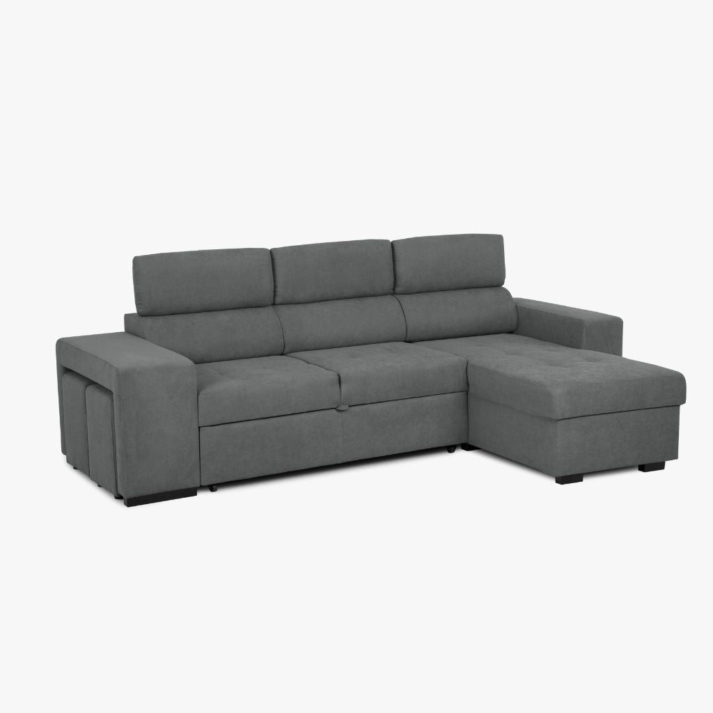 Sofá - Cama com Chaise Longue Reversível e Cabeceiras Ajustáveis Cinza Escuro JOHN - Gato Preto