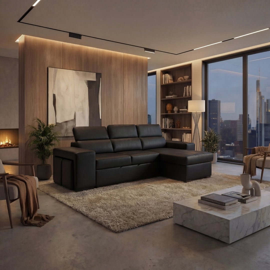 Sofá - Cama com Chaise Longue Reversível e Cabeceiras Ajustáveis Cinza Escuro JOHN - Gato Preto