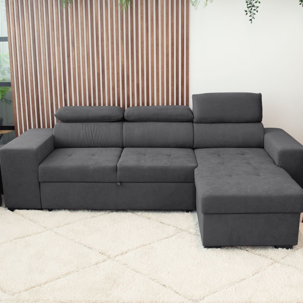 Sofá - Cama com Chaise Longue Reversível e Cabeceiras Ajustáveis Cinza Escuro JOHN - Gato Preto