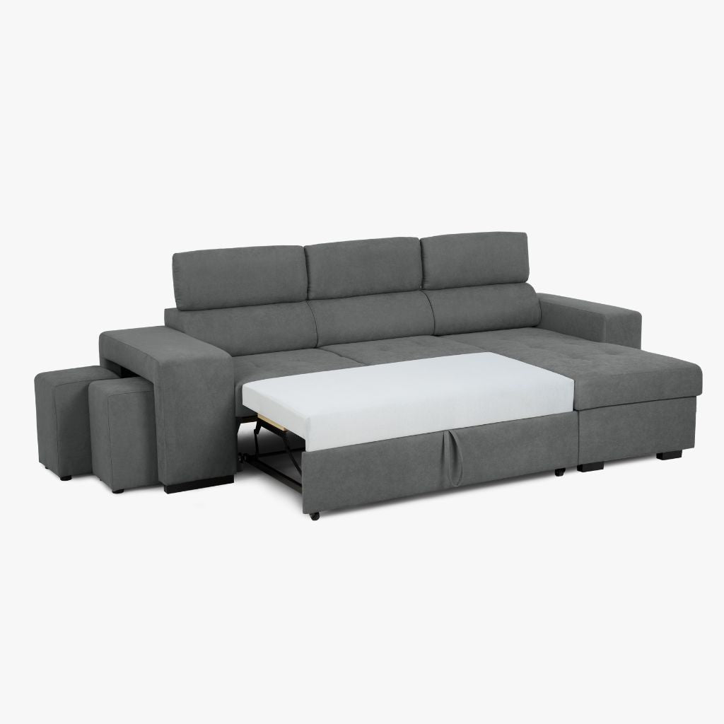 Sofá - Cama com Chaise Longue Reversível e Cabeceiras Ajustáveis Cinza Escuro JOHN - Gato Preto