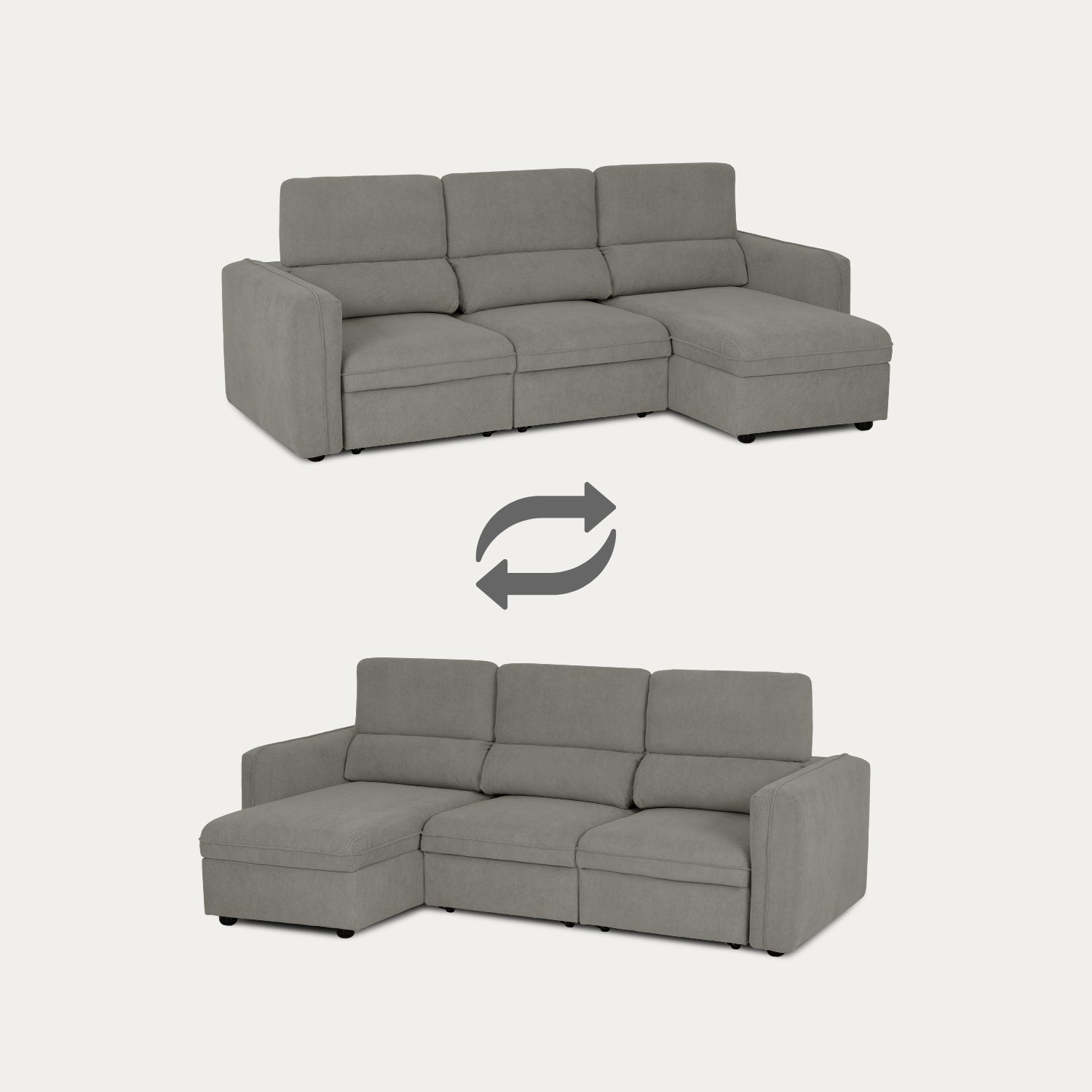Sofá cama com chaise longue reversível e cabeceiras ajustáveis cinza MORGAN - Gato Preto