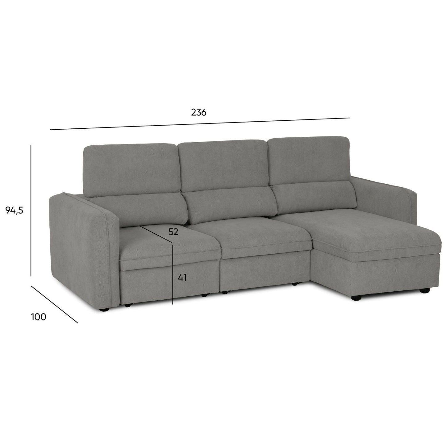 Sofá cama com chaise longue reversível e cabeceiras ajustáveis cinza MORGAN - Gato Preto