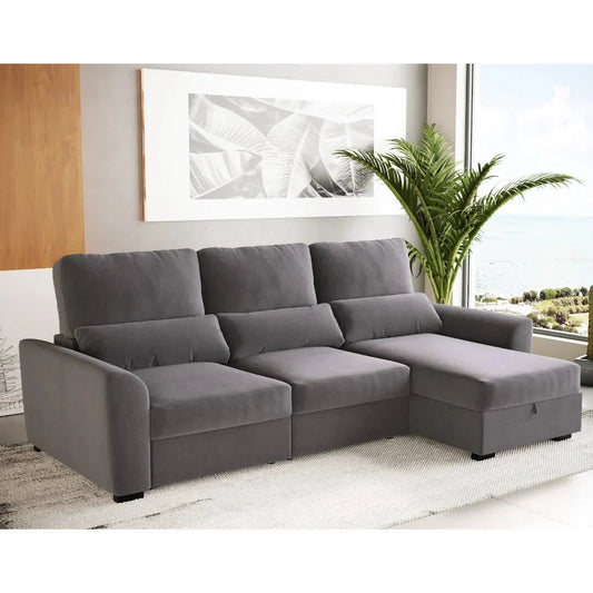 Sofá cama com chaise longue reversível e encosto reclinável cinza claro OLIVER - Gato Preto