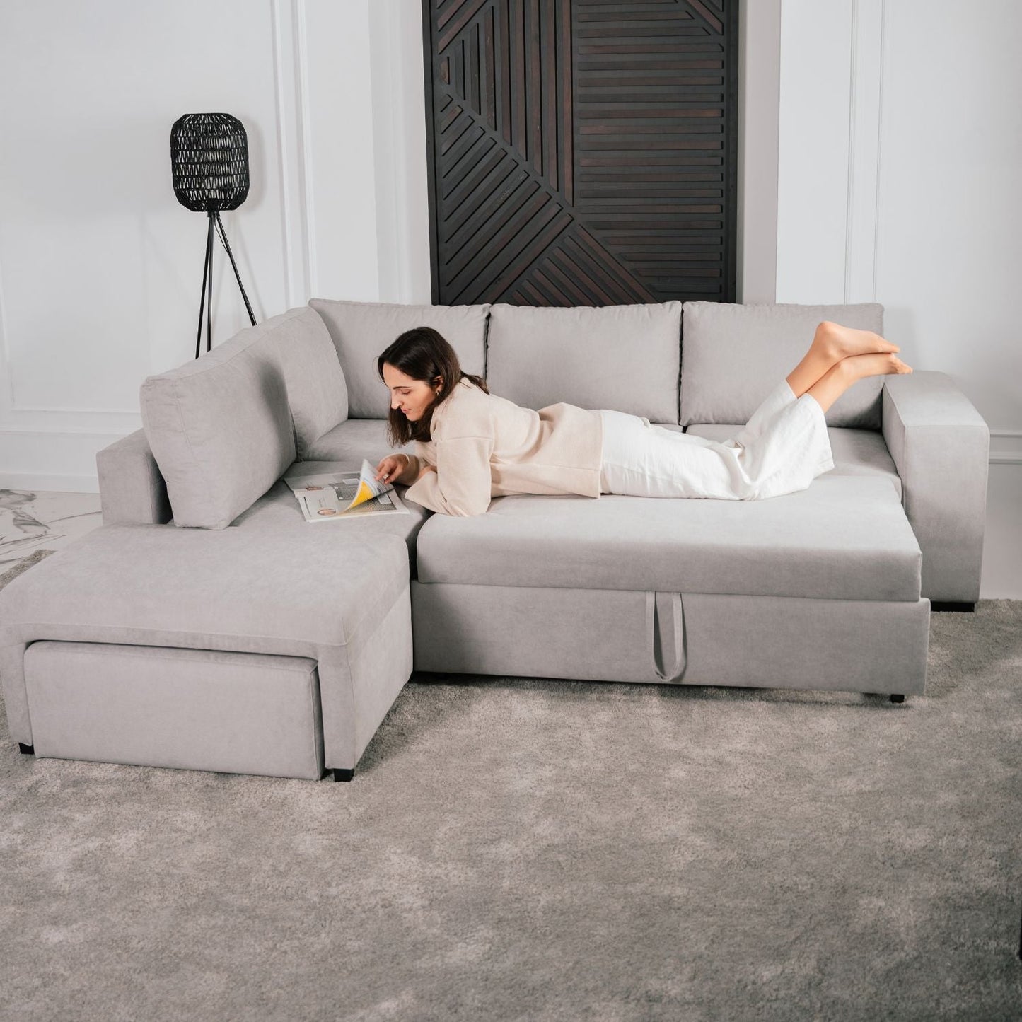 Sofá cama de canto de com puff e arrumação cinza ZURIE - Gato Preto