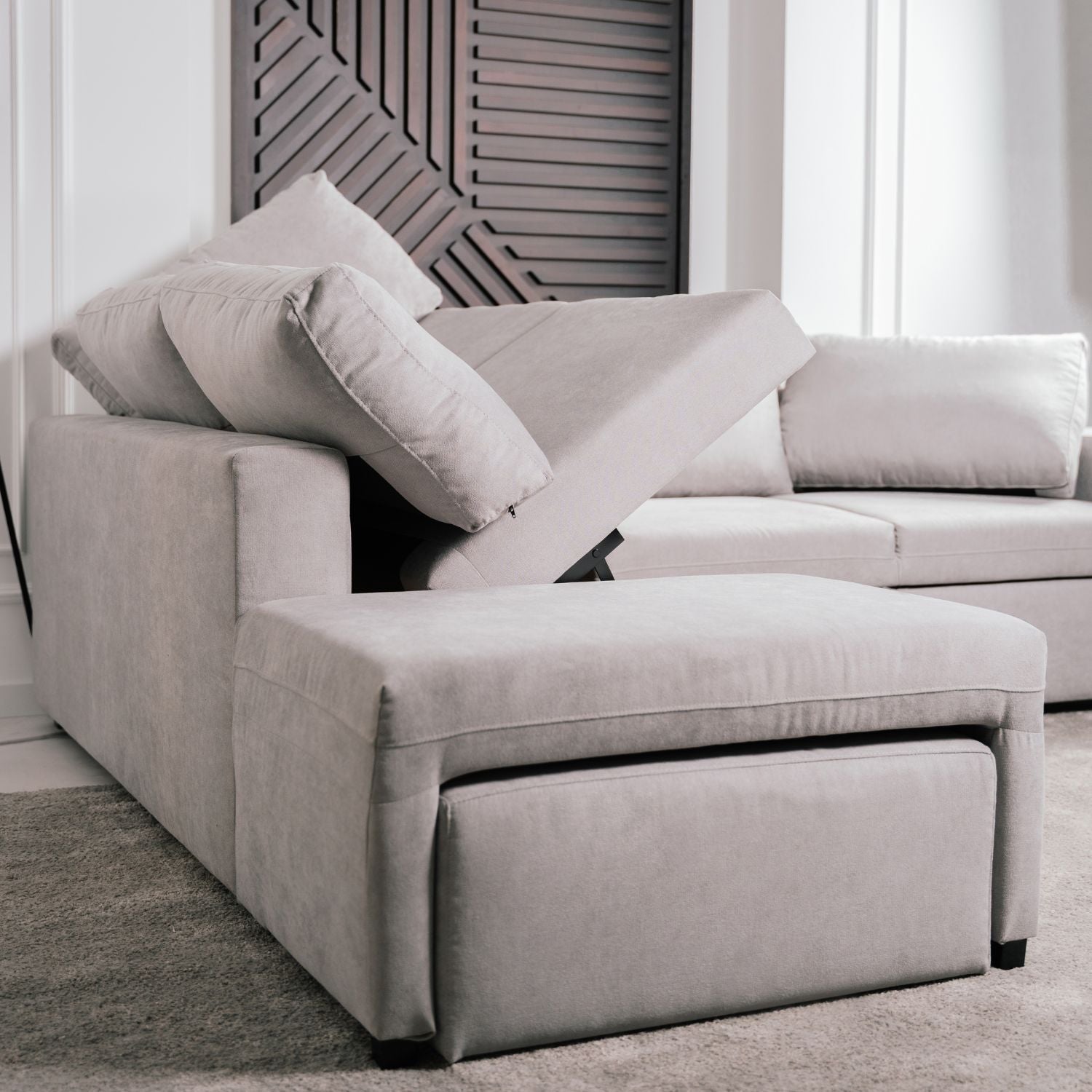 Sofá cama de canto de com puff e arrumação cinza ZURIE - Gato Preto