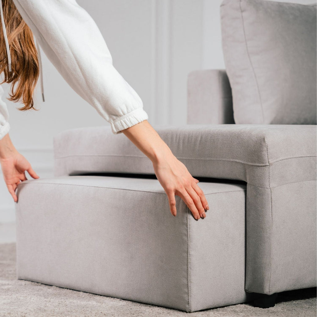 Sofá cama de canto de com puff e arrumação cinza ZURIE - Gato Preto