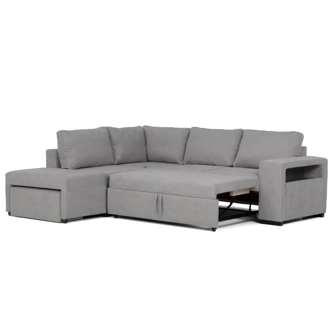 Sofá cama de canto de com puff e arrumação cinza ZURIE - Gato Preto