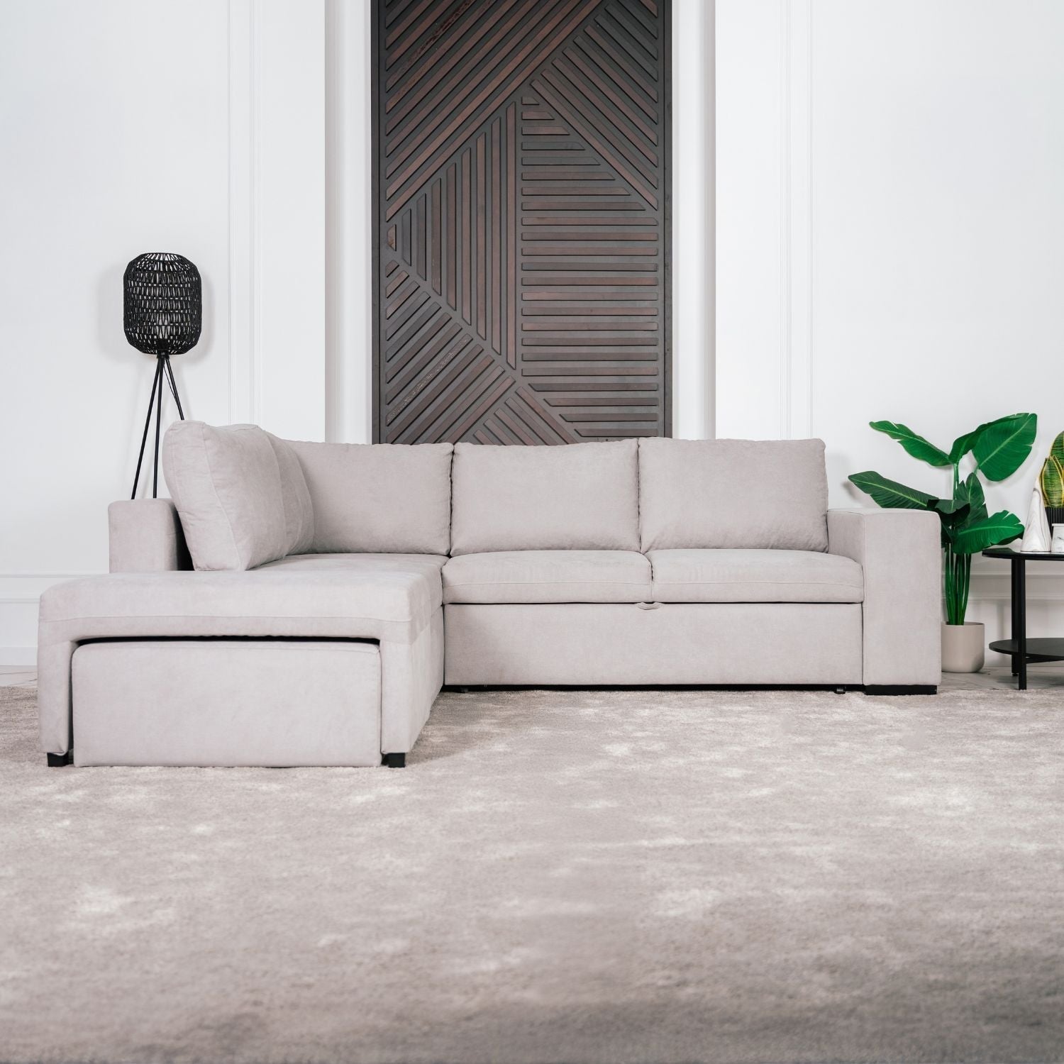 Sofá cama de canto de com puff e arrumação cinza ZURIE - Gato Preto