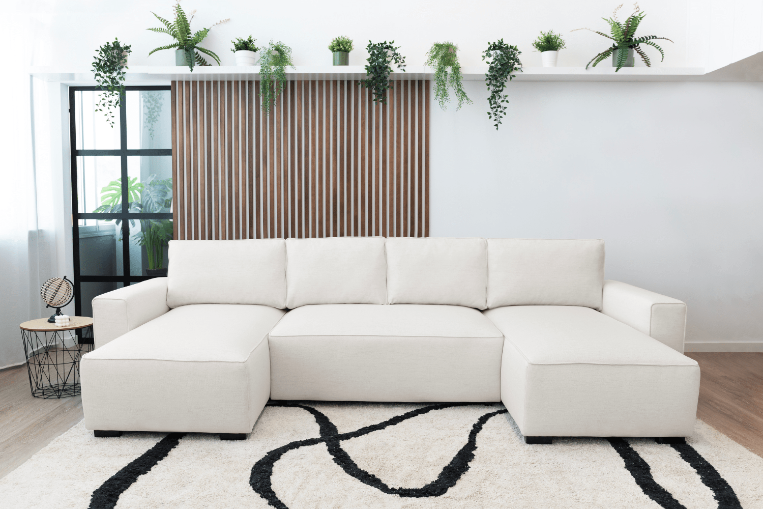 Sofá cama panorâmico com 2 chaise longue bege JORDAN - Gato Preto