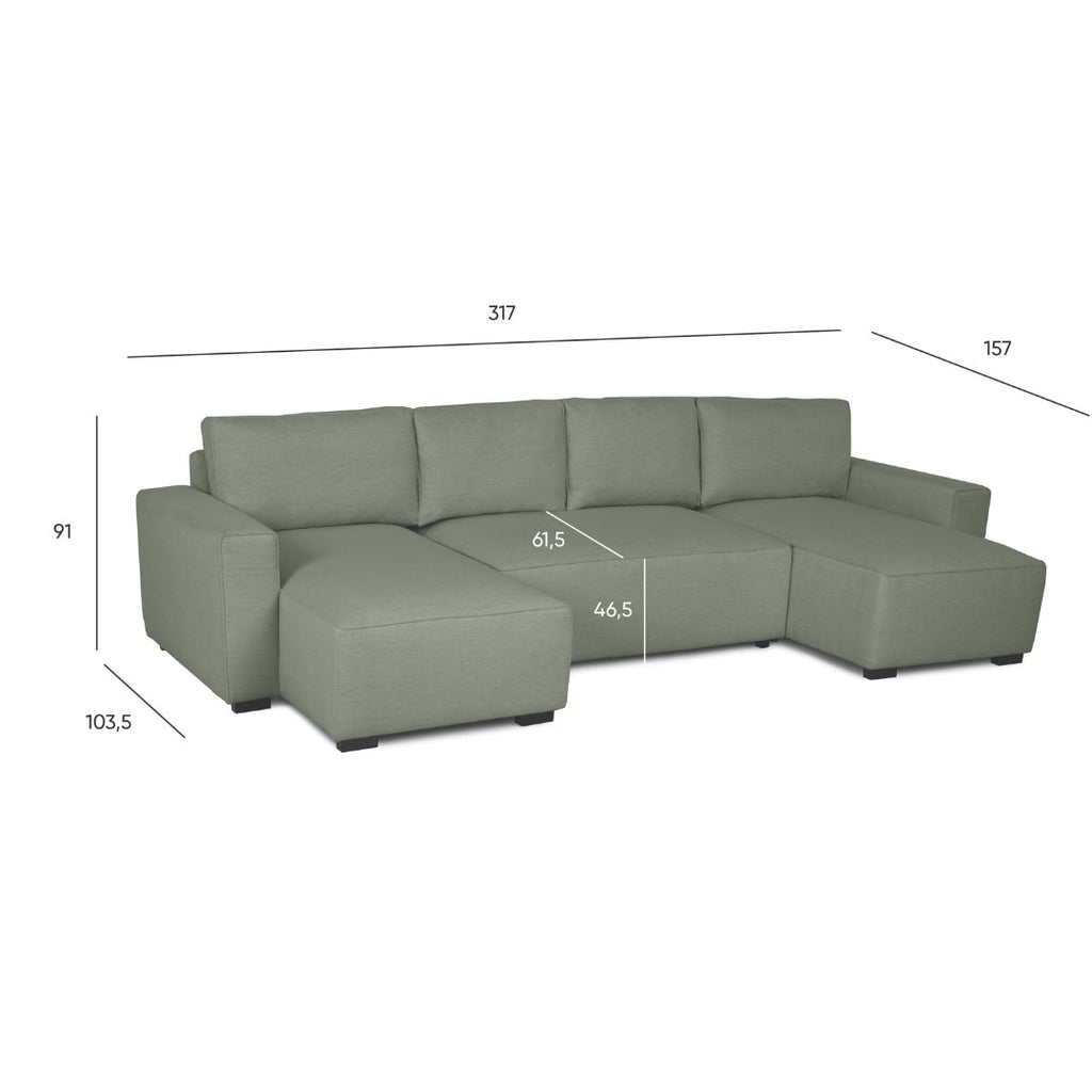 Sofá cama panorâmico com 2 chaise longue verde JORDAN - Gato Preto