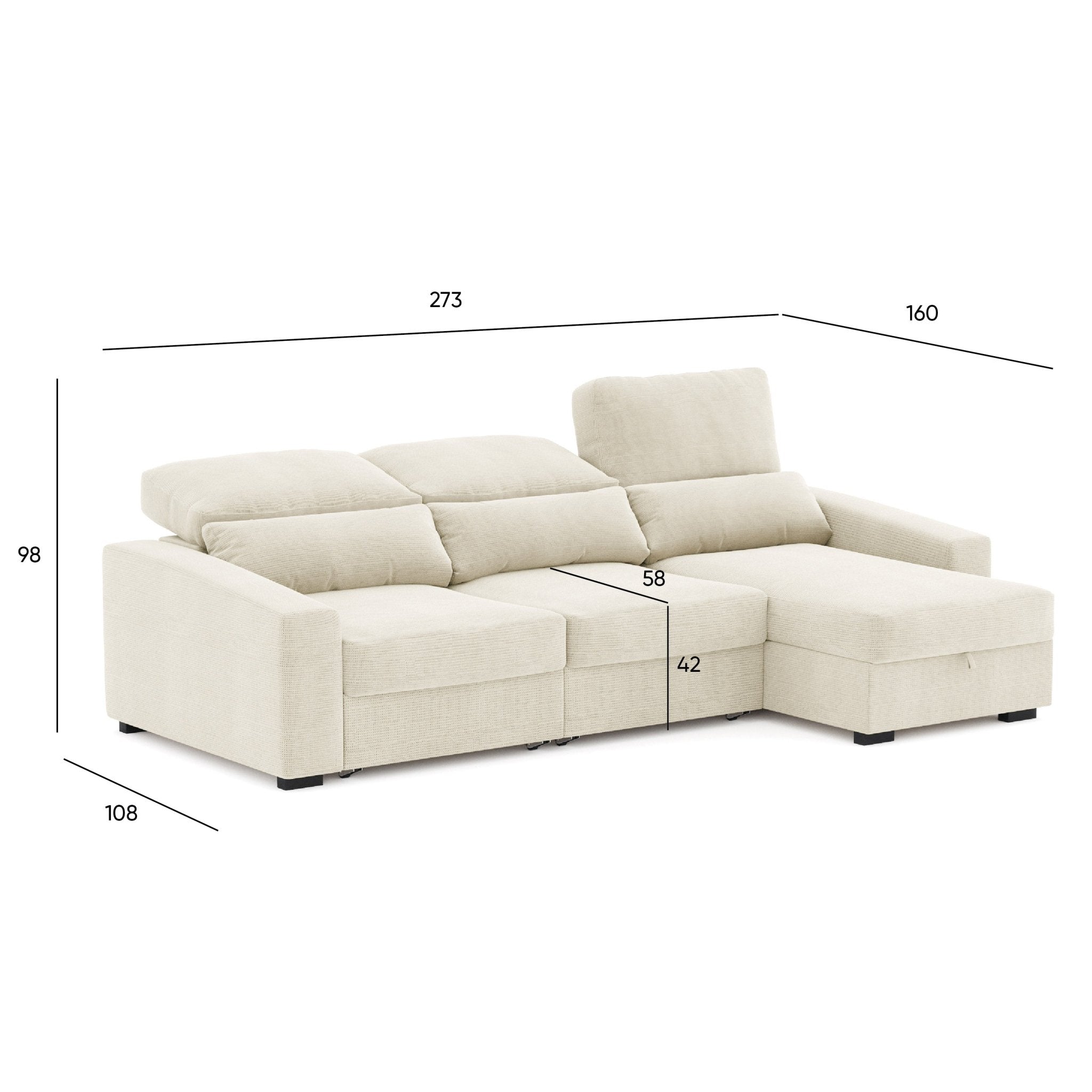 Sofá Chaise Longue com Arrumação KEEN - Gato Preto