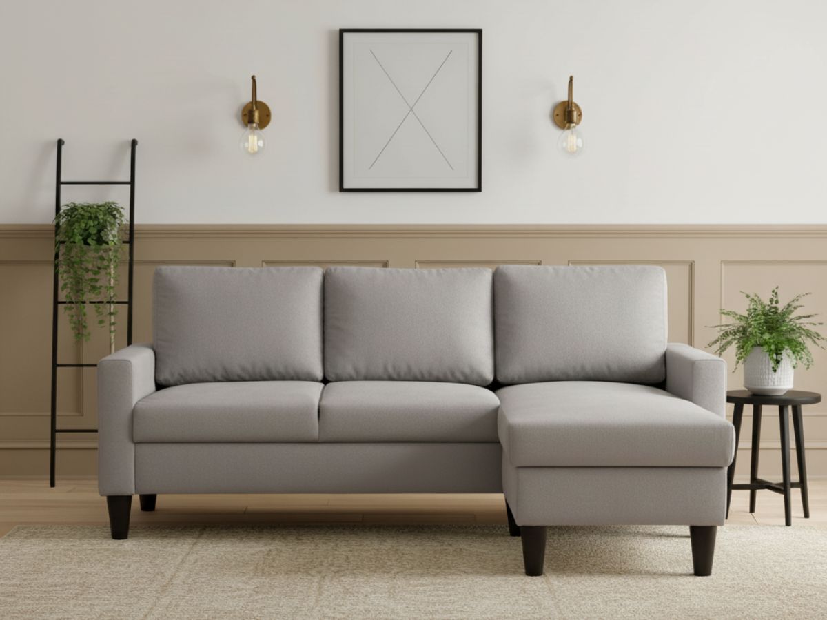 Sofá com chaise longue reversível cinza claro FOX - Gato Preto