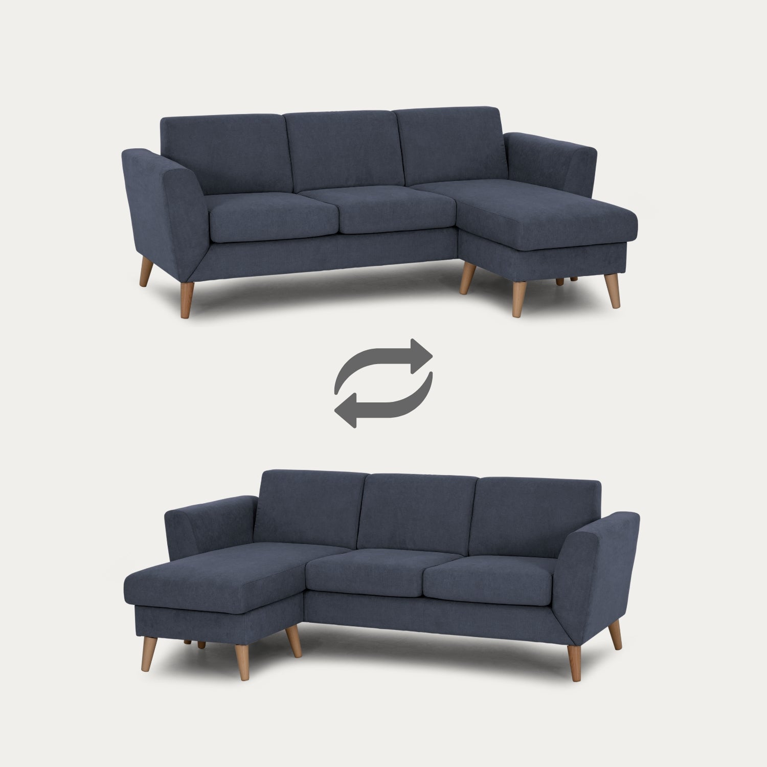 Sofá com chaise longue reversível e pés vintage azul ANGEL - Gato Preto