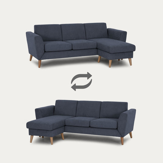 Sofá com chaise longue reversível e pés vintage azul ANGEL - Gato Preto