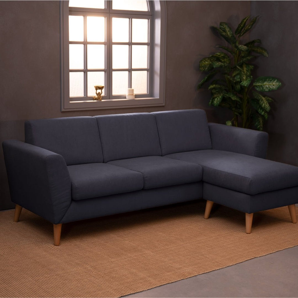 Sofá com chaise longue reversível e pés vintage azul ANGEL - Gato Preto