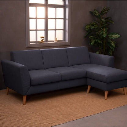 Sofá com chaise longue reversível e pés vintage azul ANGEL - Gato Preto