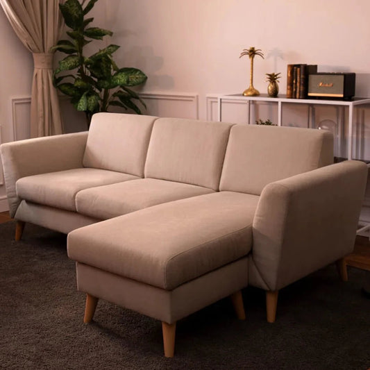 Sofá com chaise longue reversível e pés vintage bege ANGEL - Gato Preto