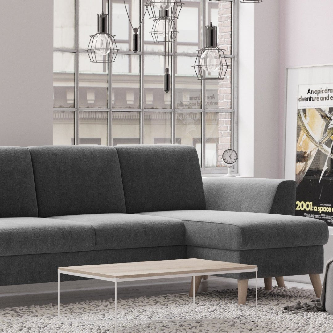 Sofá com chaise longue reversível e pés vintage cinza escuro ANGEL - Gato Preto