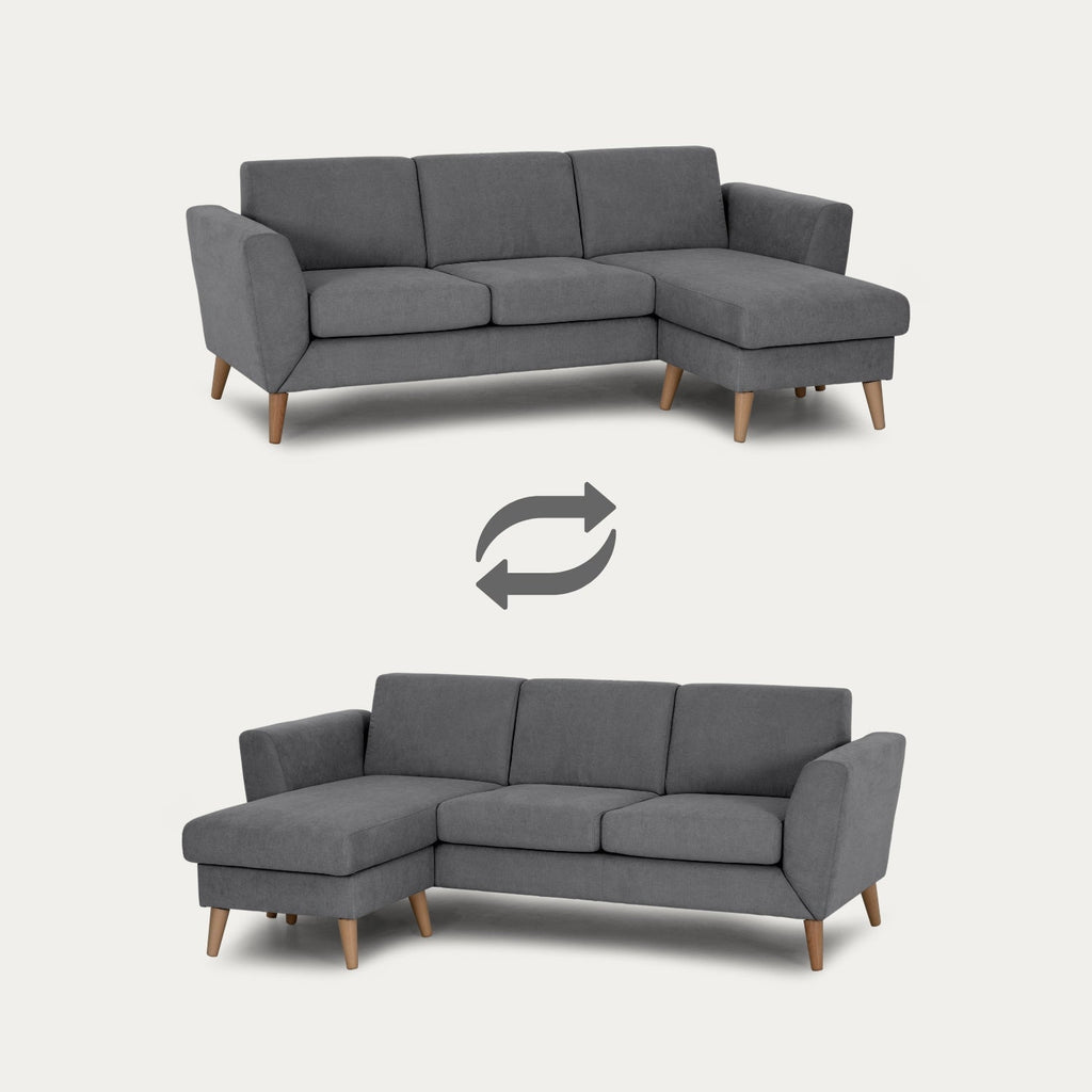 Sofá com chaise longue reversível e pés vintage cinza escuro ANGEL - Gato Preto