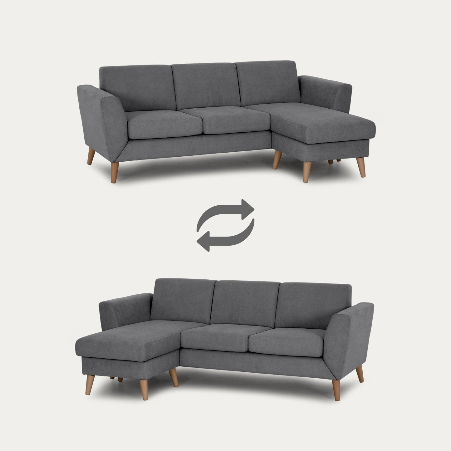 Sofá com chaise longue reversível e pés vintage cinza escuro ANGEL - Gato Preto