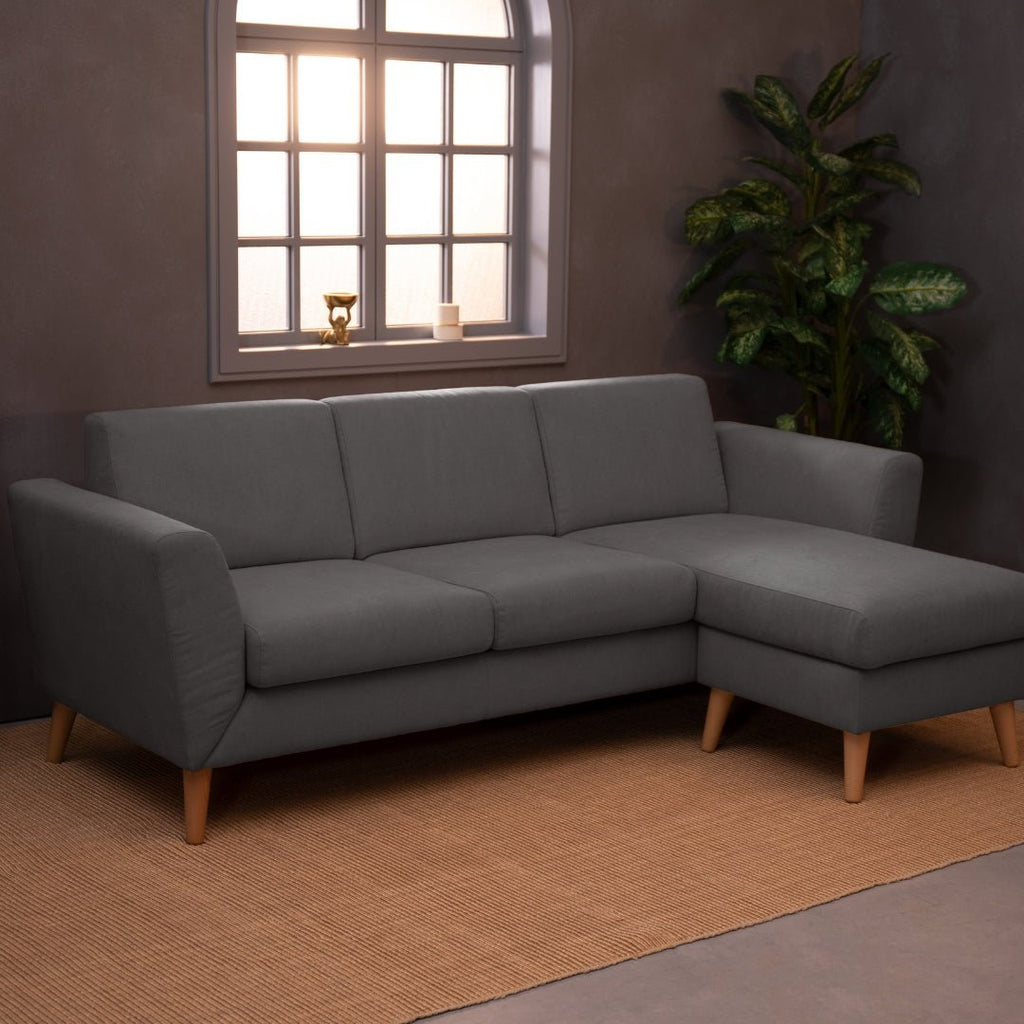 Sofá com chaise longue reversível e pés vintage cinza escuro ANGEL - Gato Preto