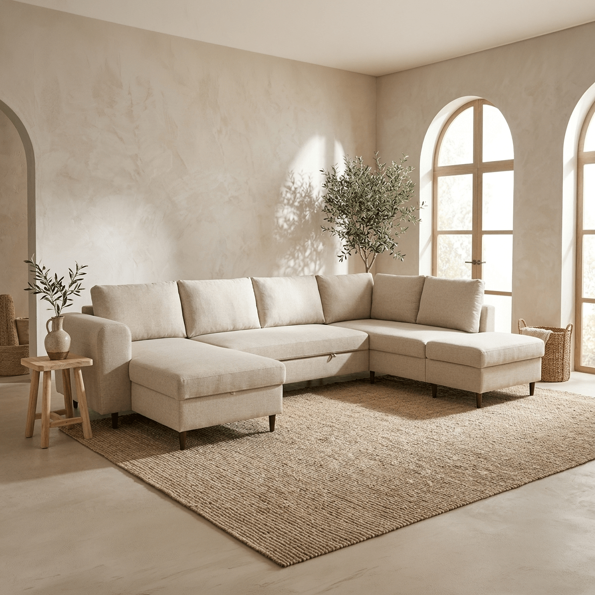 Sofá com pufe à direita bege CRAIG - Gato Preto