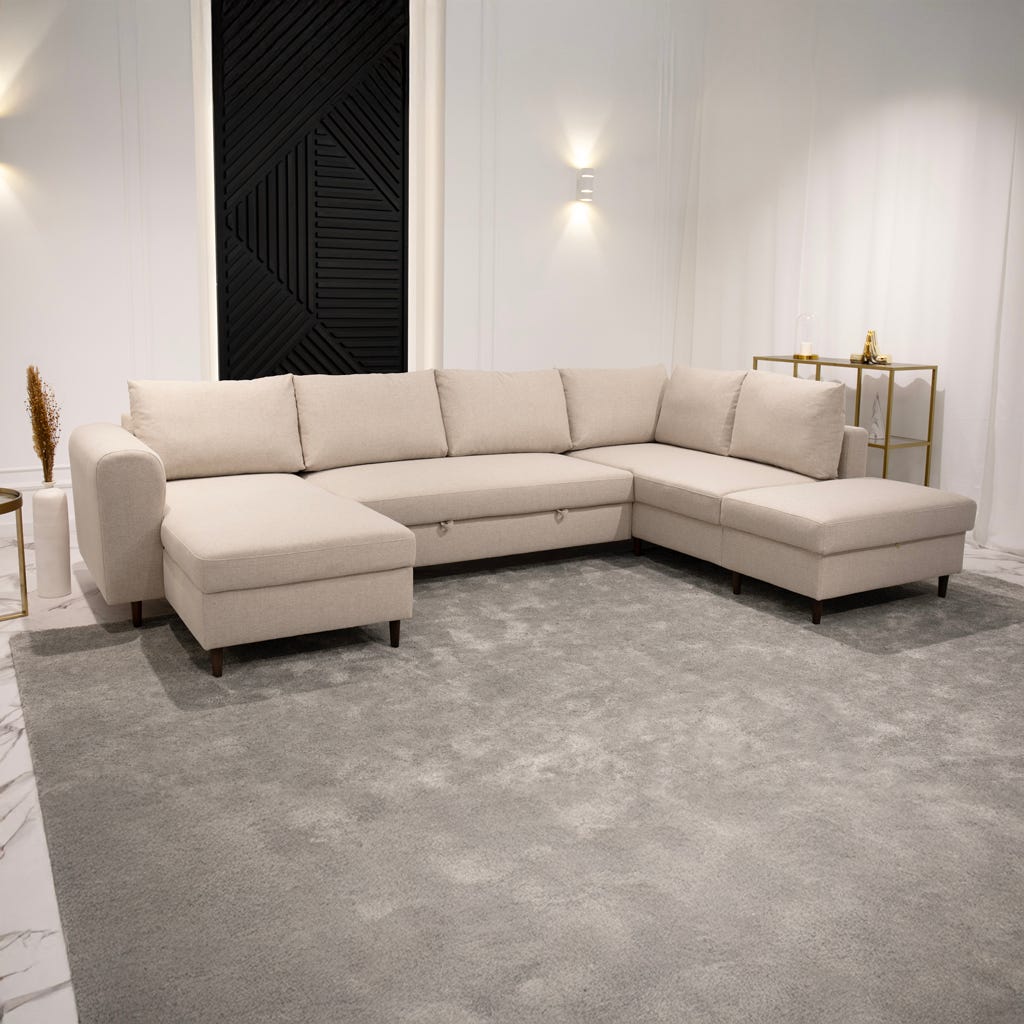 Sofá com pufe à direita bege CRAIG - Gato Preto