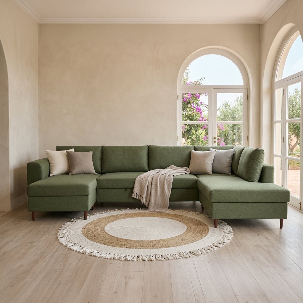 Sofá com pufe à direita verde CRAIG - Gato Preto