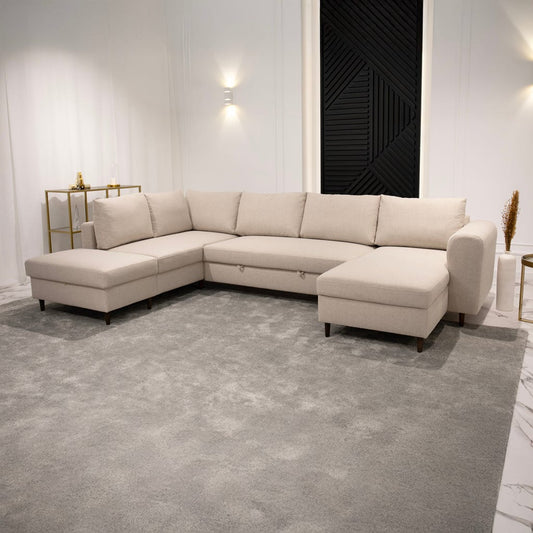 Sofá com pufe à esquerda bege CRAIG - Gato Preto