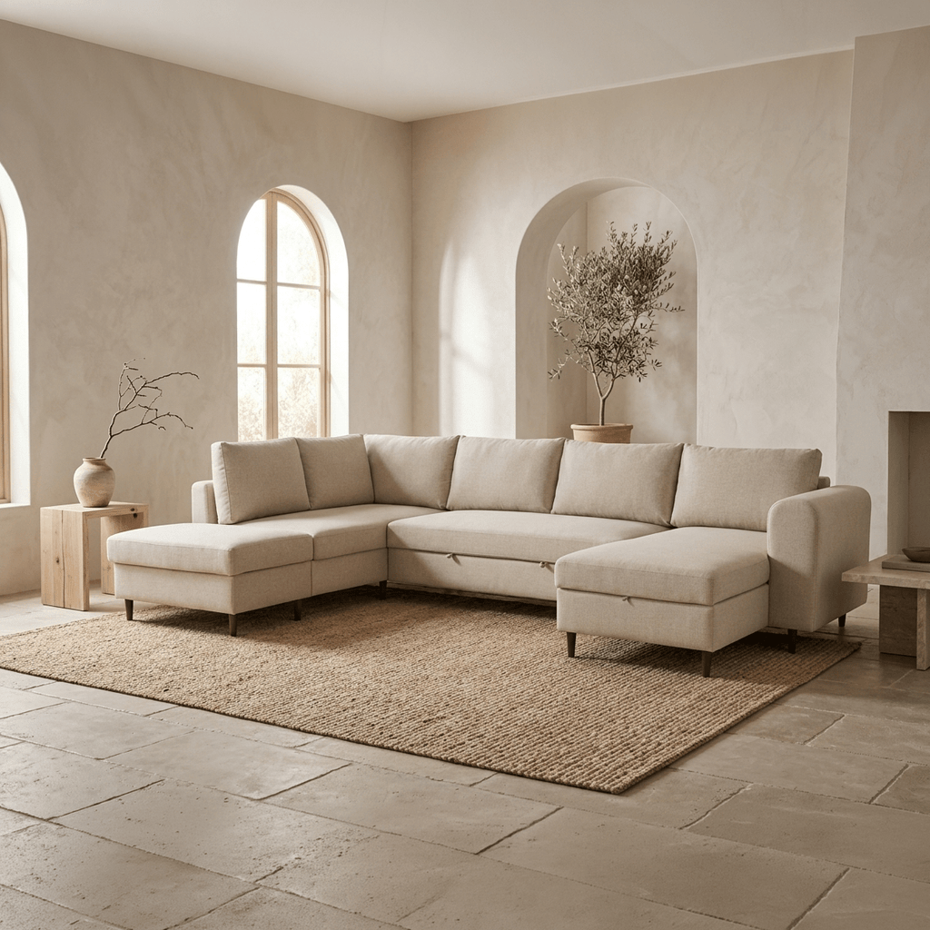 Sofá com pufe à esquerda bege CRAIG - Gato Preto