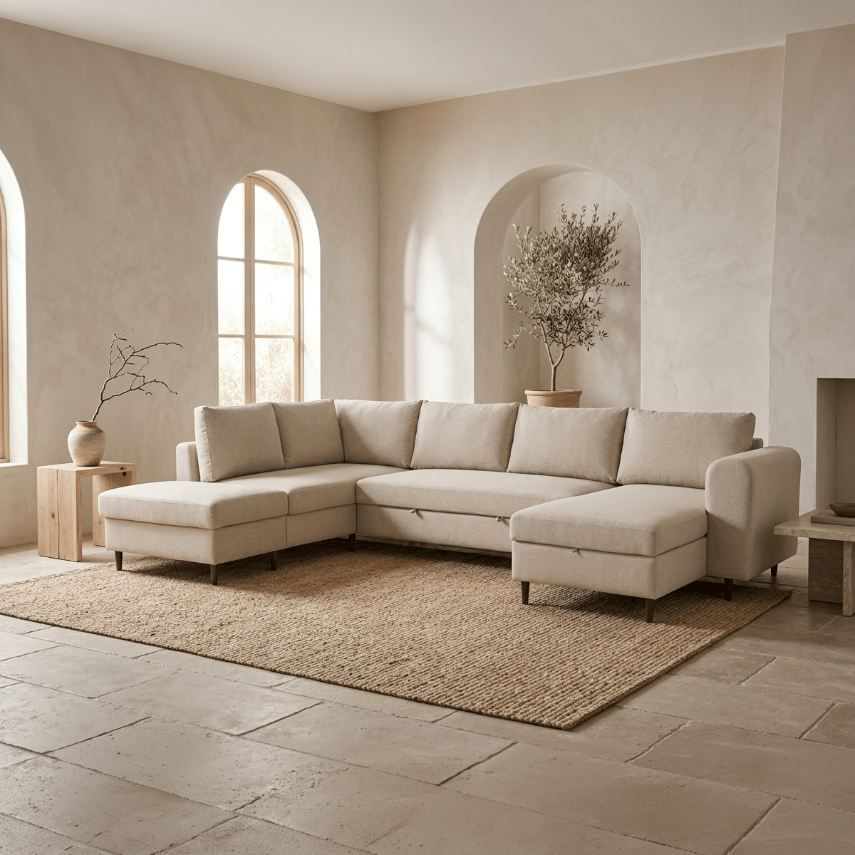 Sofá com pufe à esquerda bege CRAIG - Gato Preto
