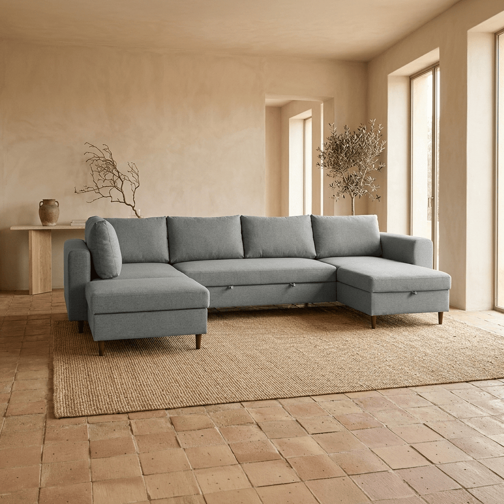 Sofá com pufe à esquerda cinzento CRAIG - Gato Preto