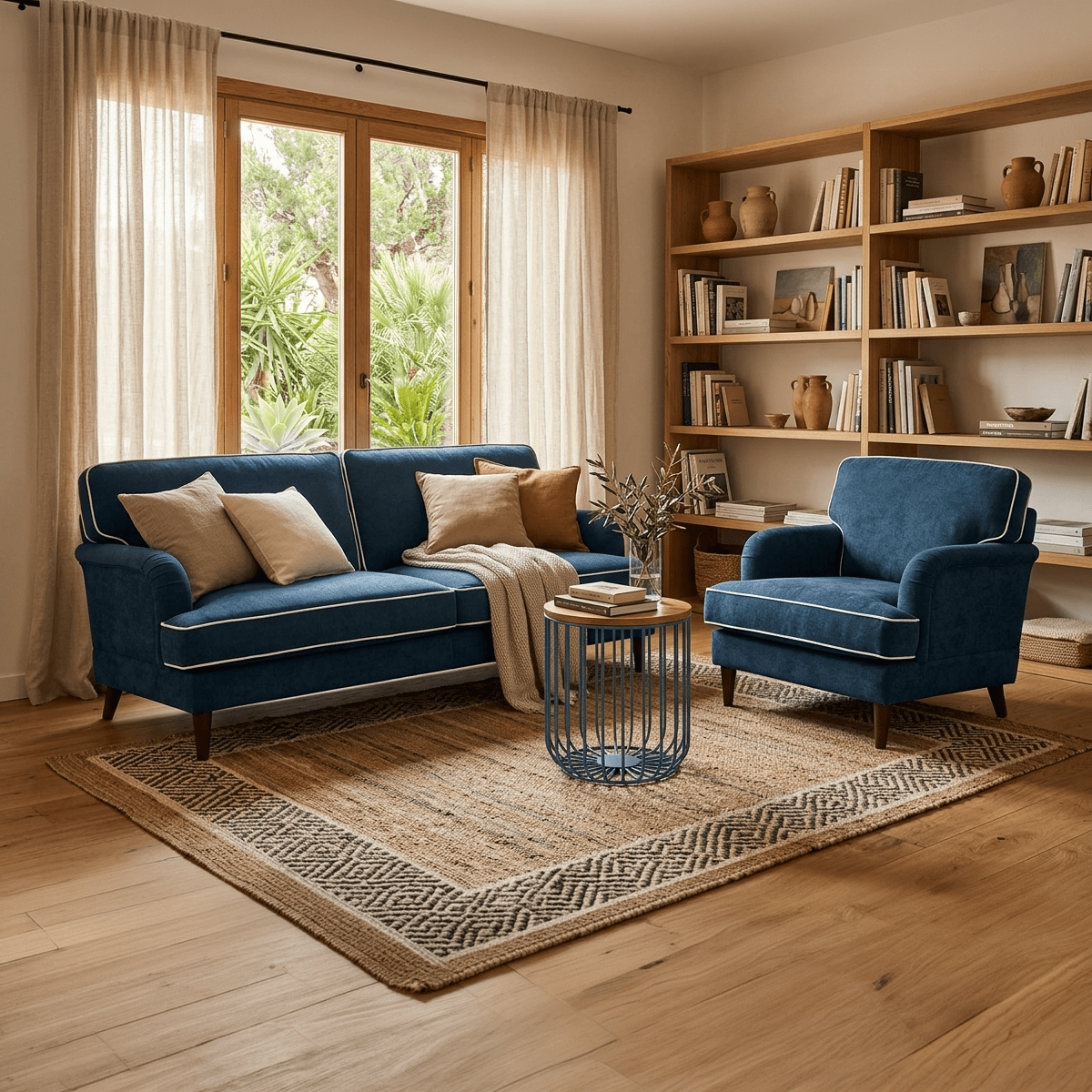 Sofá Individual Azul Escuro com perfis em Bege SPENCER - Gato Preto