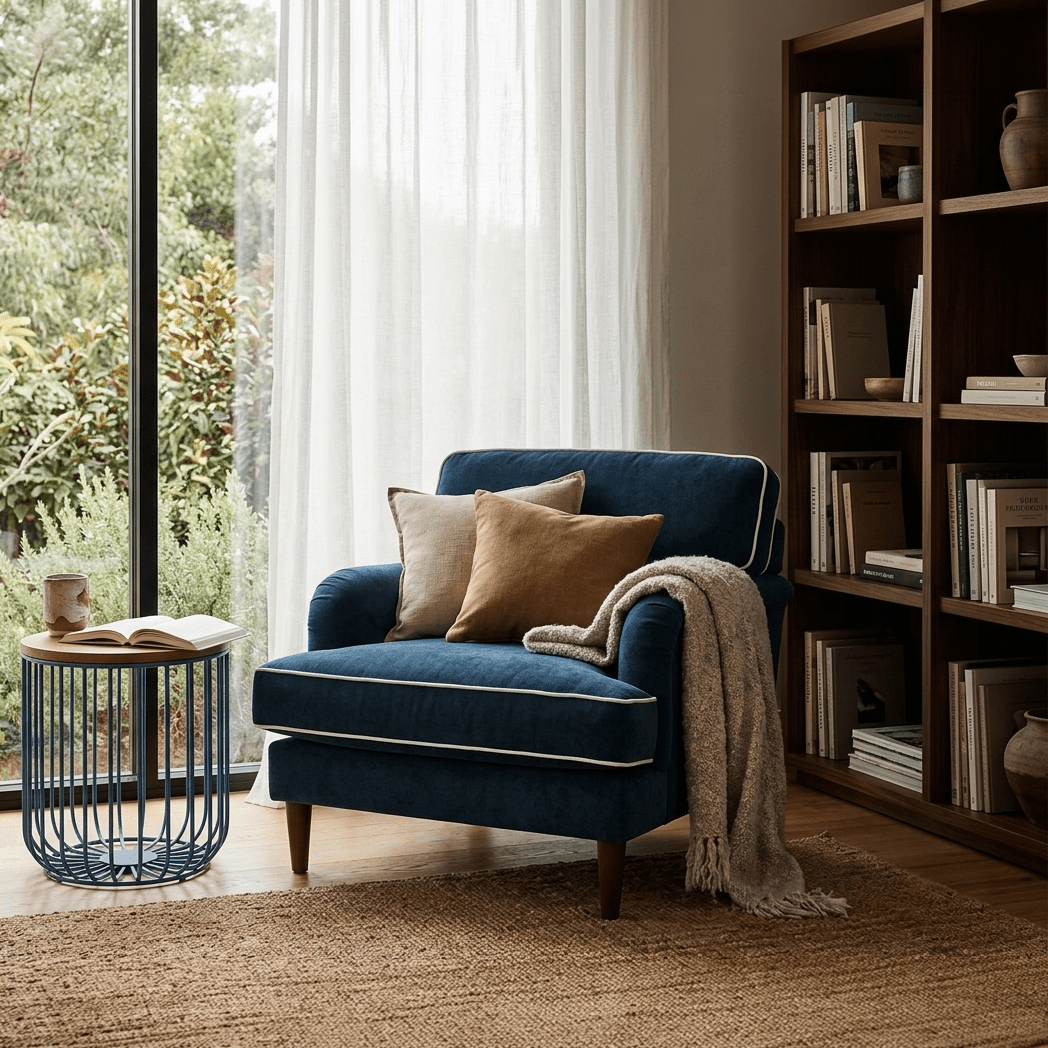 Sofá Individual Azul Escuro com perfis em Bege SPENCER - Gato Preto