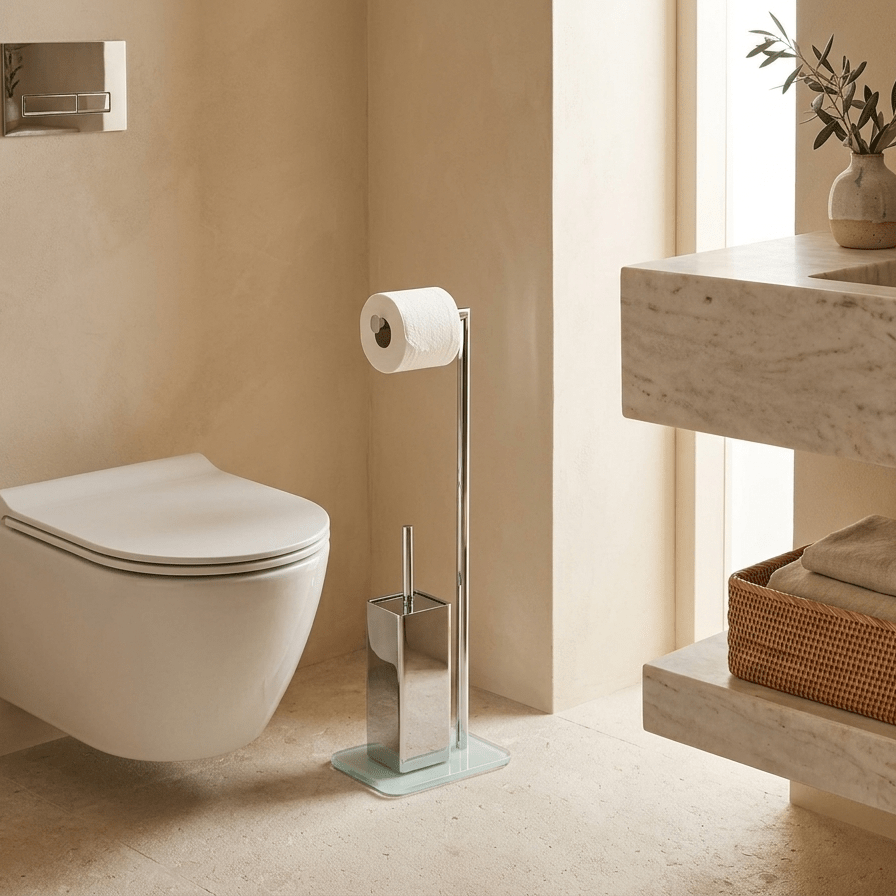 Suporte de Papel e Escova WC com Base de Vidro Branco HURAA - Gato Preto