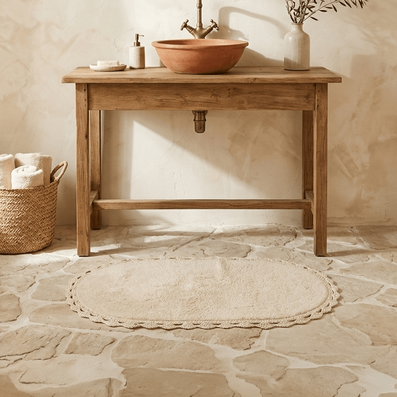 Tapete de Casa de Banho Algodão Oval com Renda Bege TWIG - Gato Preto