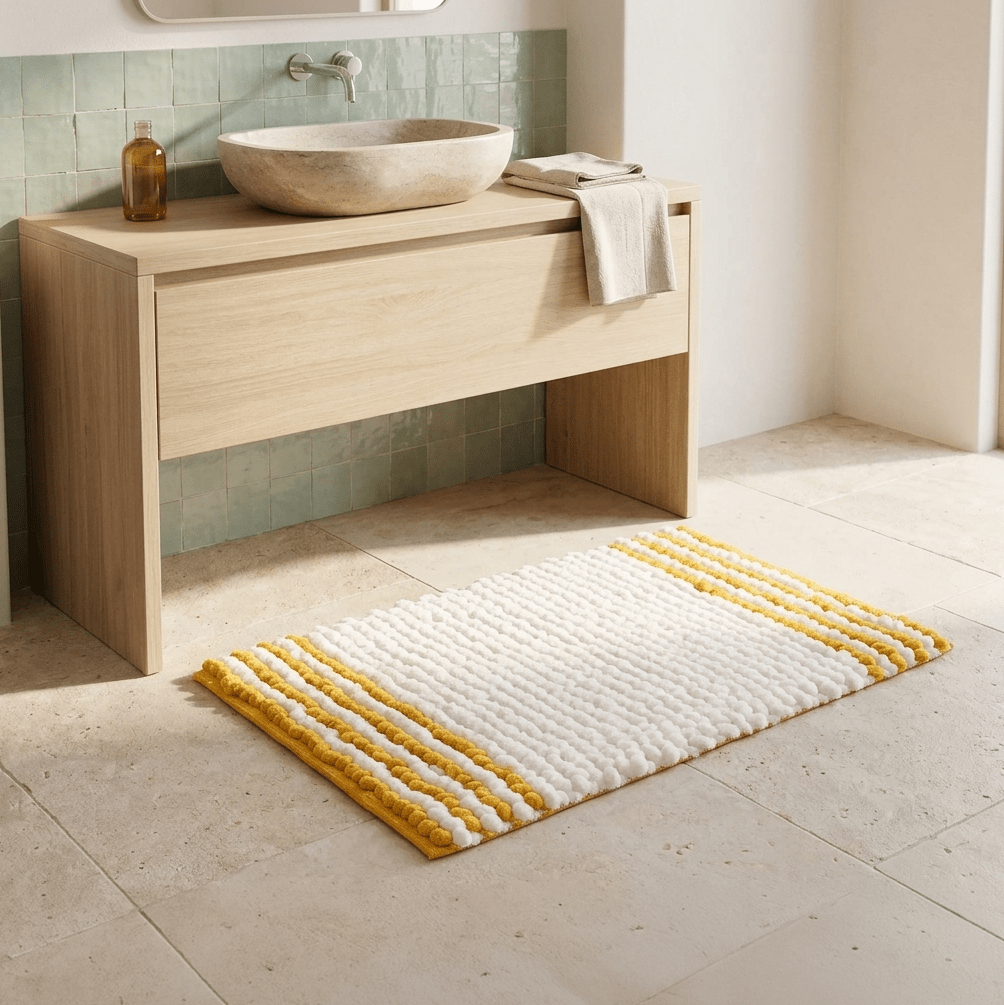 Tapete de Casa de Banho Chenilla Branco e Amarelo SOLLER - Gato Preto