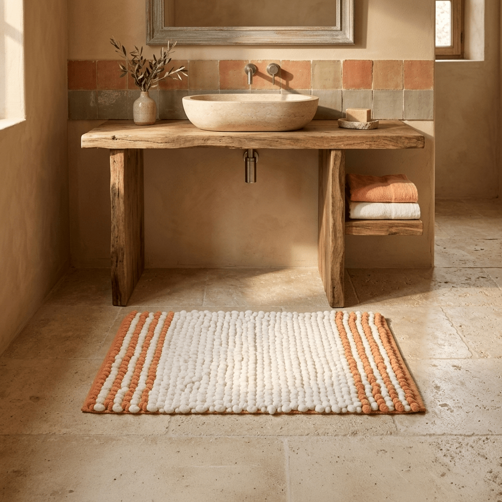 Tapete de Casa de Banho Chenilla Branco e Laranja SOLLER - Gato Preto