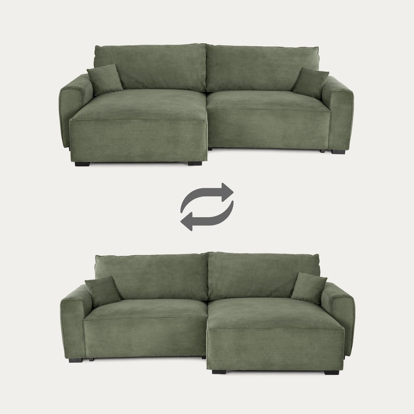 Teste - Sofá cama com chaise longue reversível verde LAUREN - Gato Preto