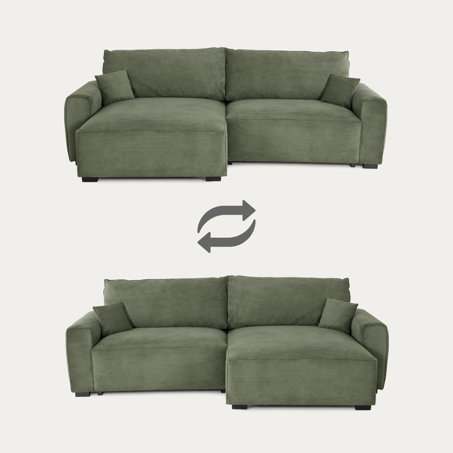 Teste - Sofá cama com chaise longue reversível verde LAUREN - Gato Preto