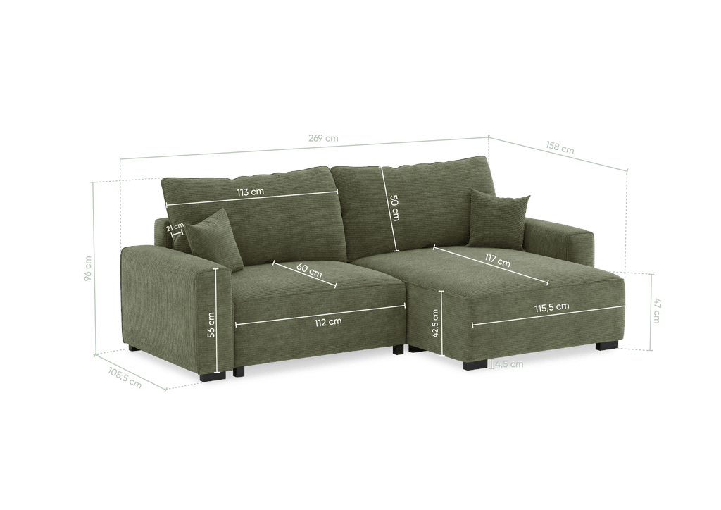 Teste - Sofá cama com chaise longue reversível verde LAUREN - Gato Preto