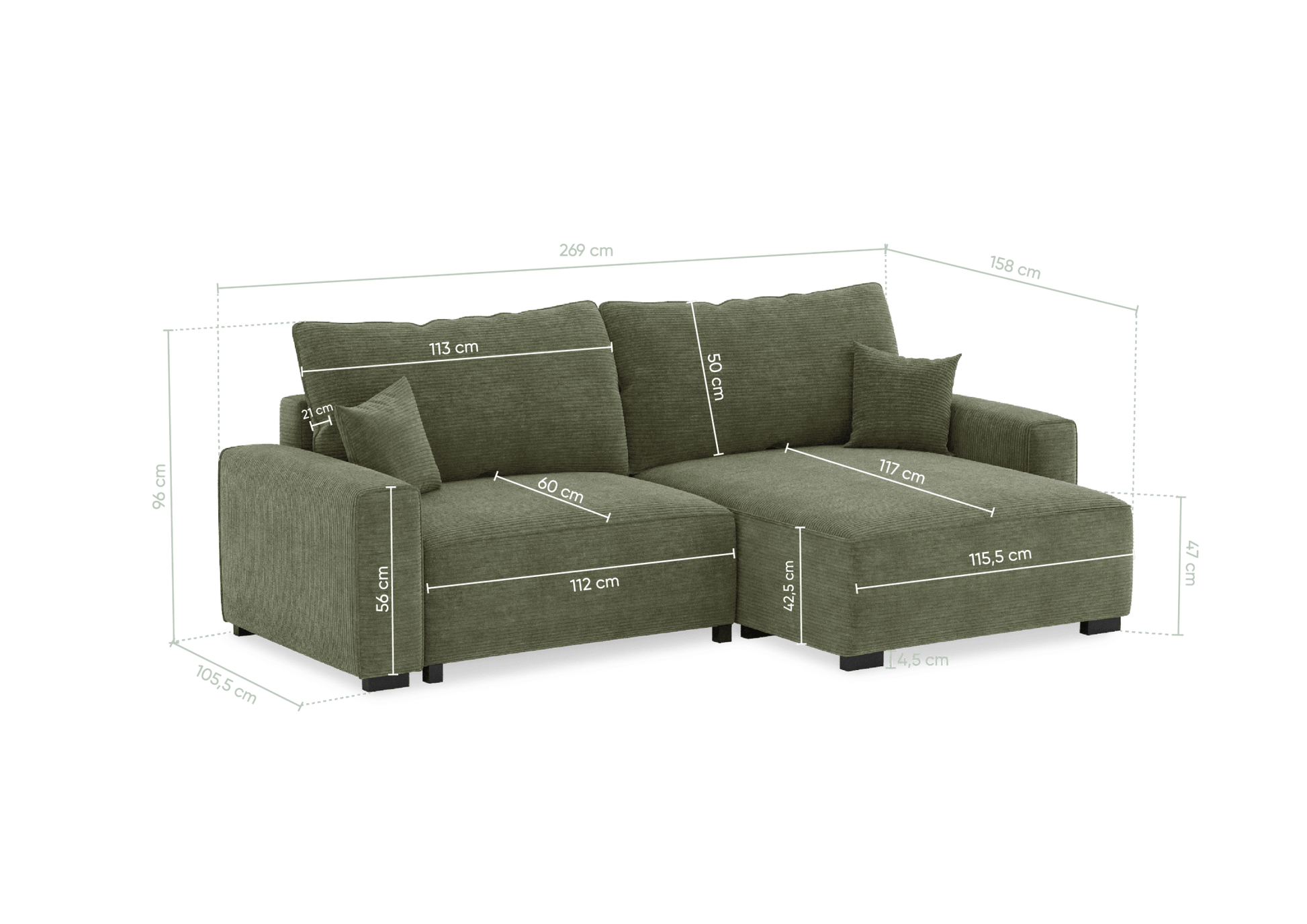 Teste - Sofá cama com chaise longue reversível verde LAUREN - Gato Preto