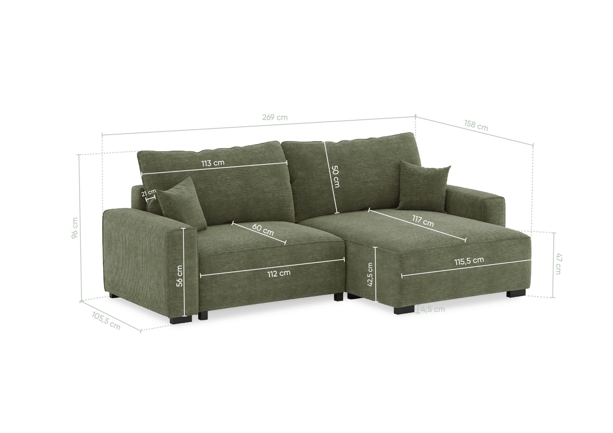 Teste - Sofá cama com chaise longue reversível verde LAUREN - Gato Preto