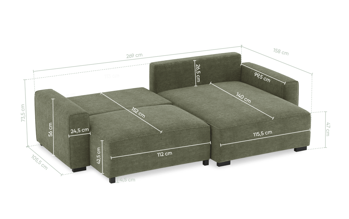 Teste - Sofá cama com chaise longue reversível verde LAUREN - Gato Preto